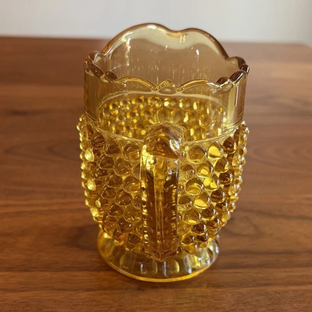 Vintage Hobbs Brockunier Amber Glass Ruffle Top Hobnail Pitcher 4